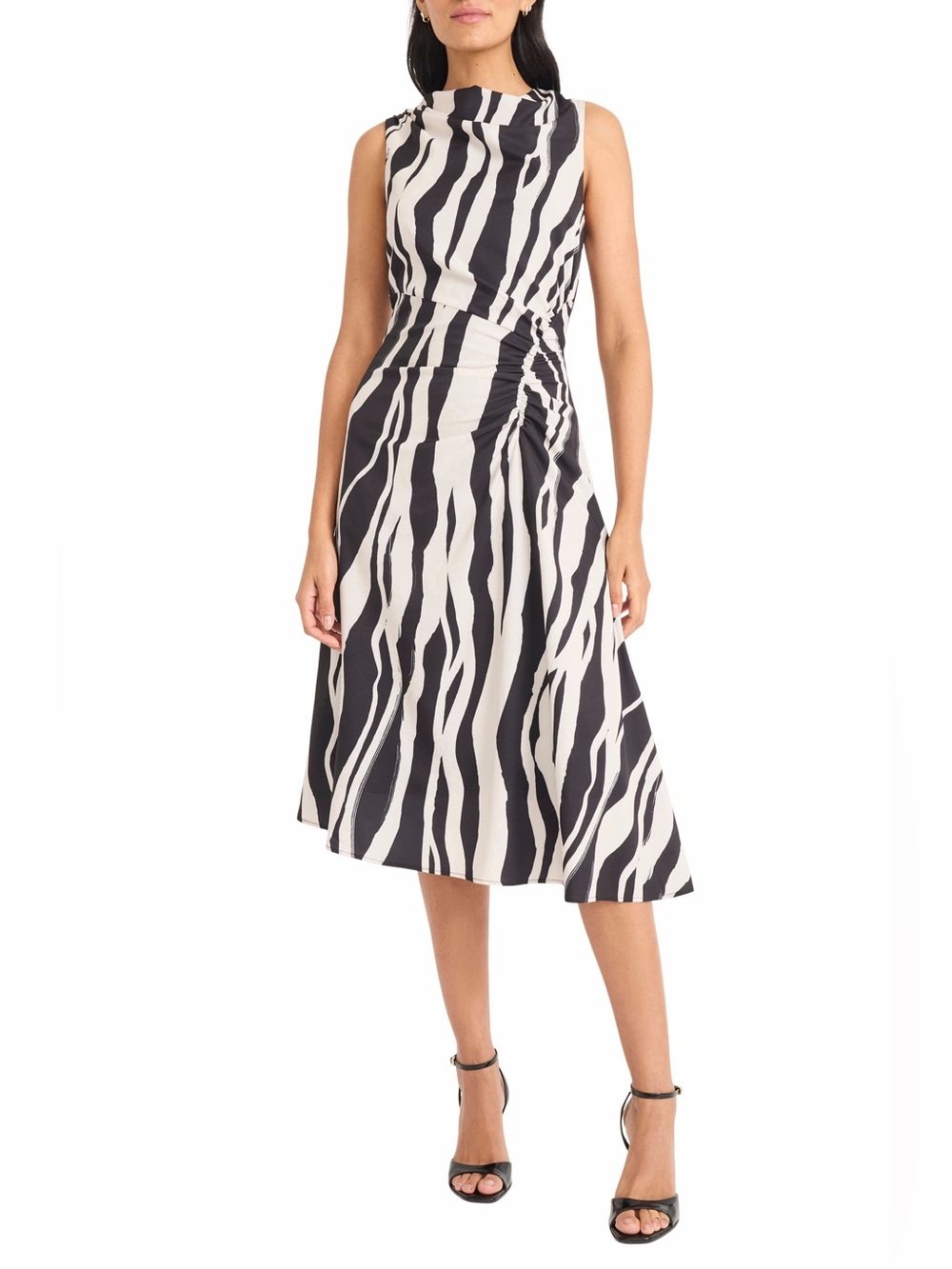 Maggy London Print Sleeveless Asymmetric Ruched Midi Dress